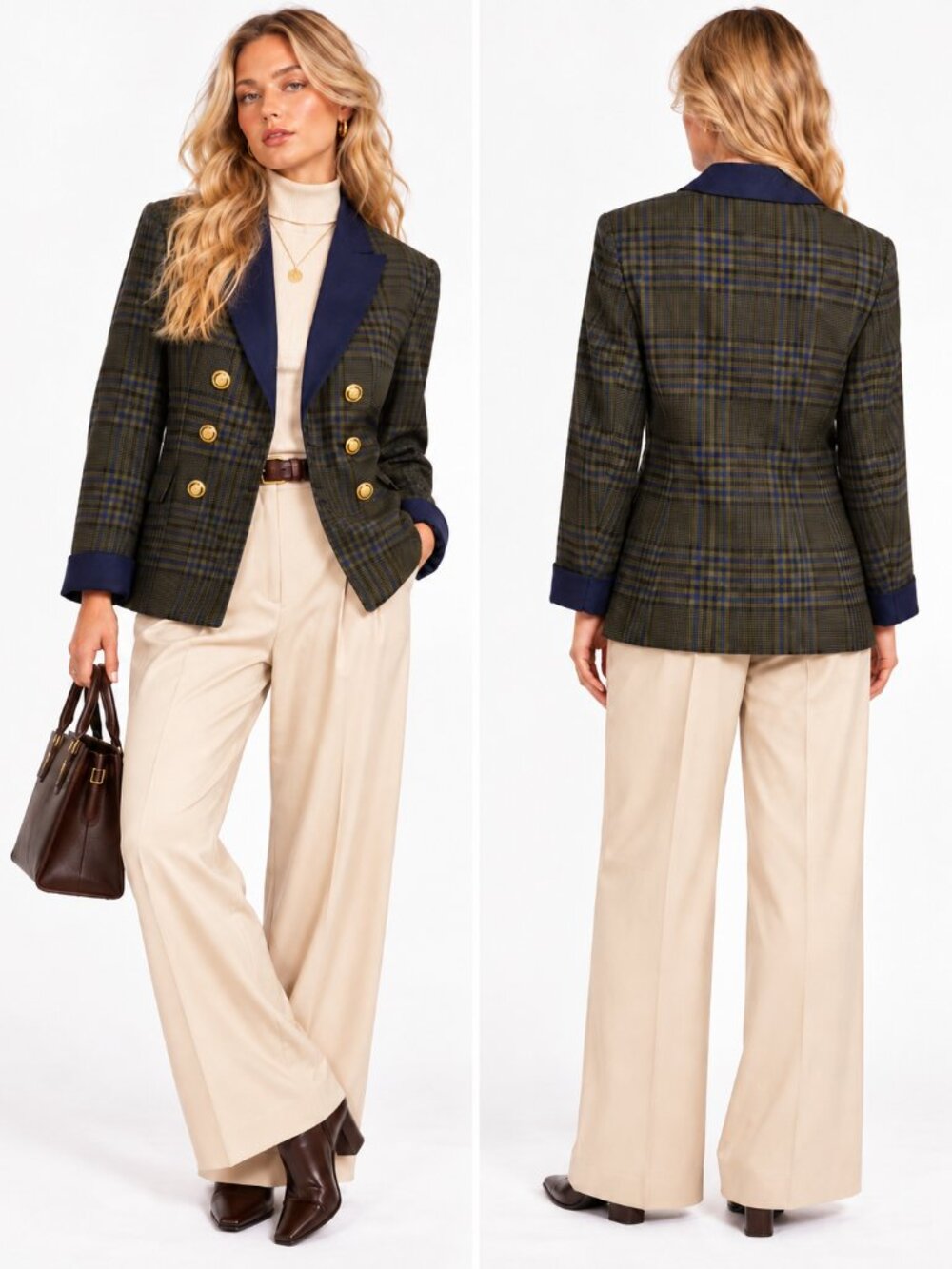 Vintage Kasper A.S.L. Plaid Double Breasted Blazer Navy Green Gold Size 4
